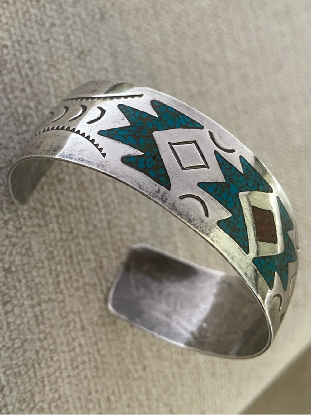 Turquoise and Corral Inlay Sterling Silver Cuff Bracelet, Native American - Picture 6 of 12